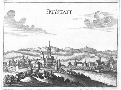 Engraving, View of Freistadt, Upper Austria by Georg Matthaus Vischer